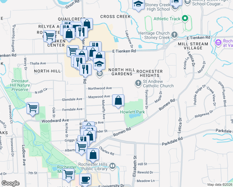 map of restaurants, bars, coffee shops, grocery stores, and more near 345 Maywood Avenue in Rochester