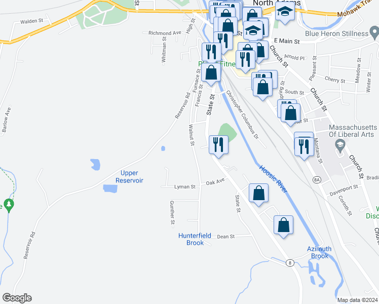 map of restaurants, bars, coffee shops, grocery stores, and more near 307 Walnut Street in North Adams