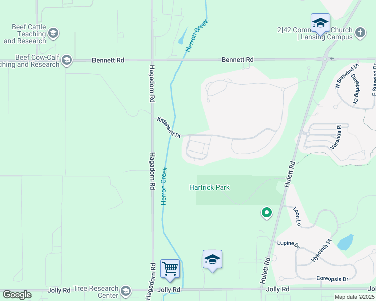 map of restaurants, bars, coffee shops, grocery stores, and more near 3808 Fossum Lane in Lansing