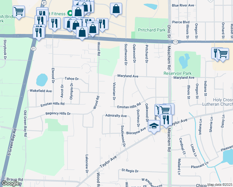 map of restaurants, bars, coffee shops, grocery stores, and more near 3405 Victorian Drive in Racine