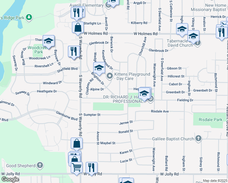 map of restaurants, bars, coffee shops, grocery stores, and more near 4127 Brighton Drive in Lansing
