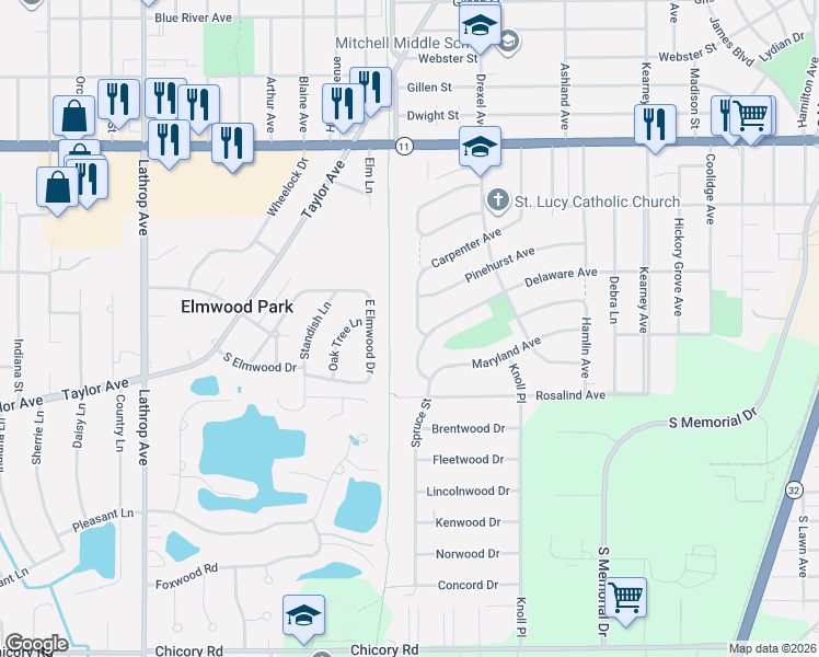 map of restaurants, bars, coffee shops, grocery stores, and more near 3174 Spruce Street in Racine