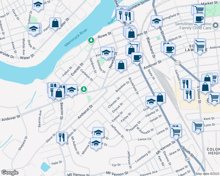 map of restaurants, bars, coffee shops, grocery stores, and more near 499 Andover Street in Lawrence