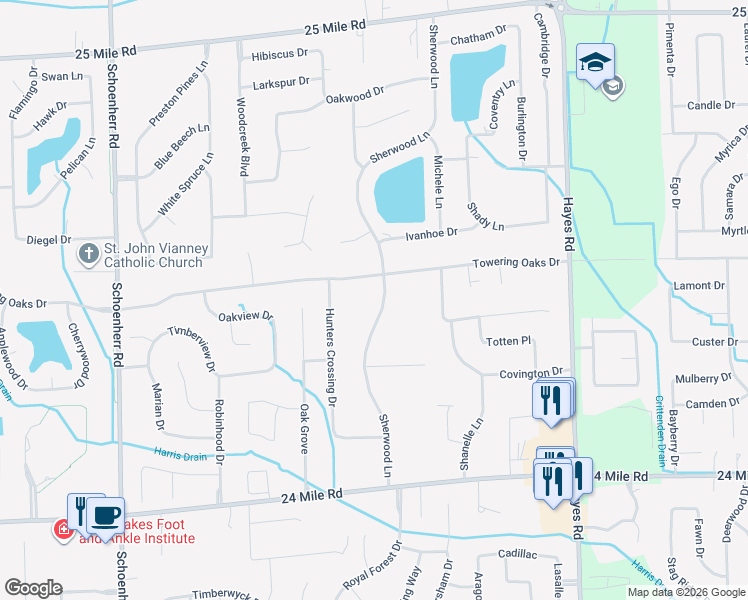 map of restaurants, bars, coffee shops, grocery stores, and more near 53755 Sherwood Lane in Macomb County