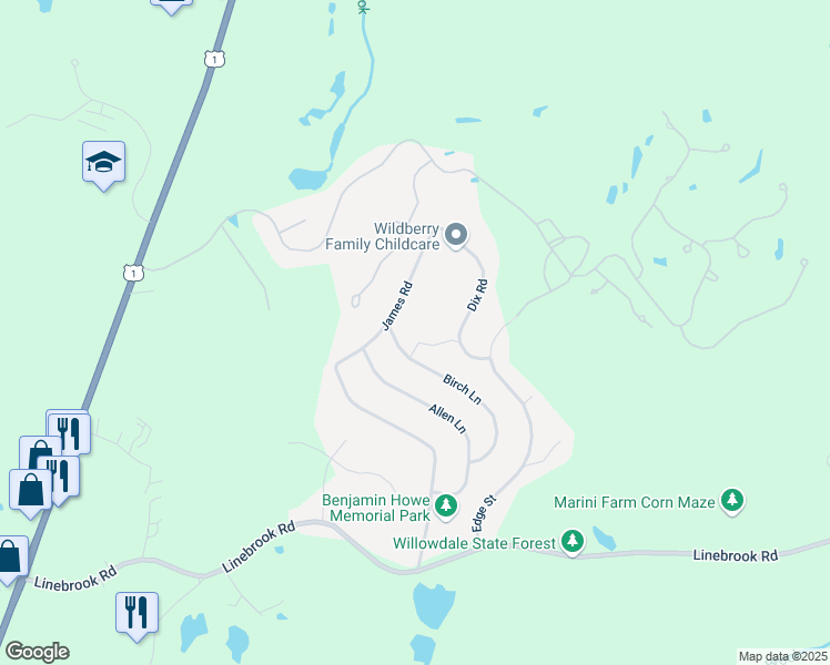 map of restaurants, bars, coffee shops, grocery stores, and more near 1 Rose Court in Ipswich