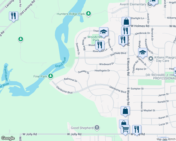 map of restaurants, bars, coffee shops, grocery stores, and more near 4154 Heathgate Drive in Lansing