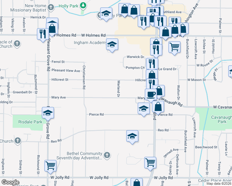 map of restaurants, bars, coffee shops, grocery stores, and more near 4108 Marland Drive in Lansing