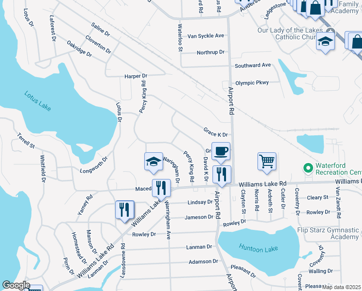 map of restaurants, bars, coffee shops, grocery stores, and more near 3672 Percy King Road in Oakland County