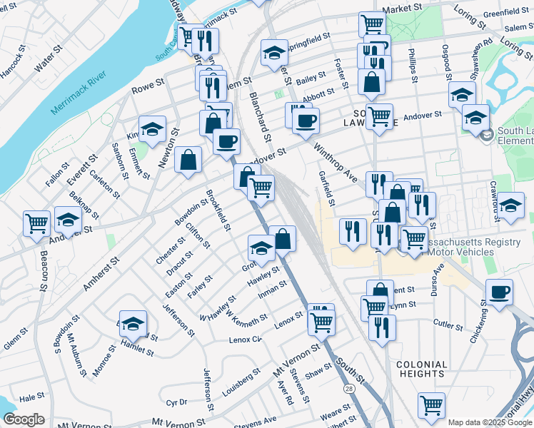 map of restaurants, bars, coffee shops, grocery stores, and more near 276 South Broadway in Lawrence