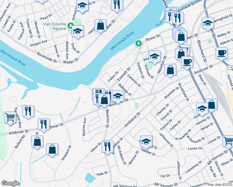 map of restaurants, bars, coffee shops, grocery stores, and more near 8 Packard Street in Lawrence