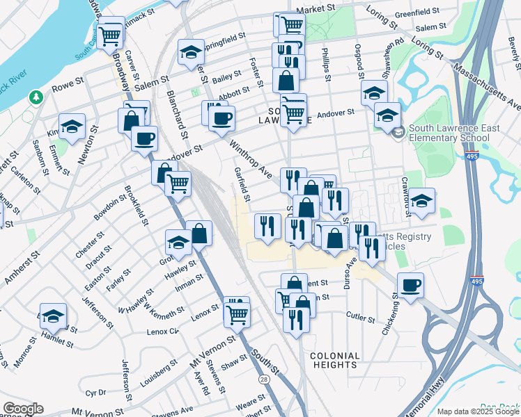 map of restaurants, bars, coffee shops, grocery stores, and more near 22 Falmouth Street in Lawrence