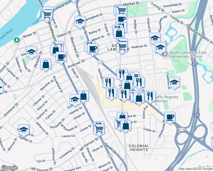 map of restaurants, bars, coffee shops, grocery stores, and more near 22 Falmouth Street in Lawrence