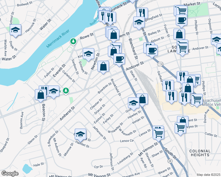 map of restaurants, bars, coffee shops, grocery stores, and more near 31 Brookfield Street in Lawrence