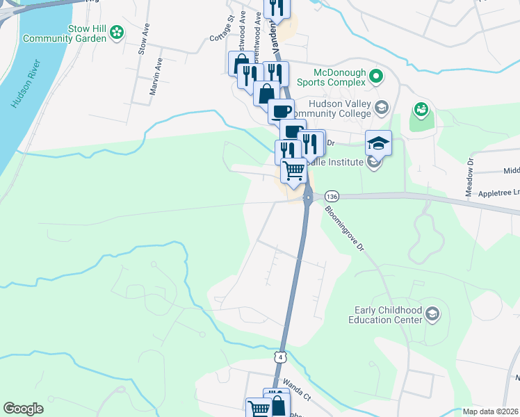 map of restaurants, bars, coffee shops, grocery stores, and more near 31 Glenmore Road in Troy