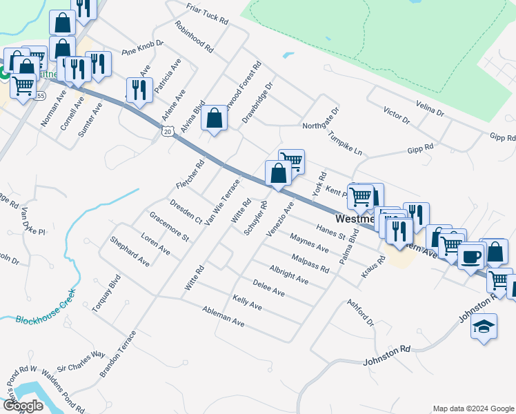 map of restaurants, bars, coffee shops, grocery stores, and more near 2 Schuyler Road in Albany