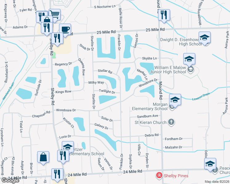 map of restaurants, bars, coffee shops, grocery stores, and more near 5168 Twilight Drive in Macomb County