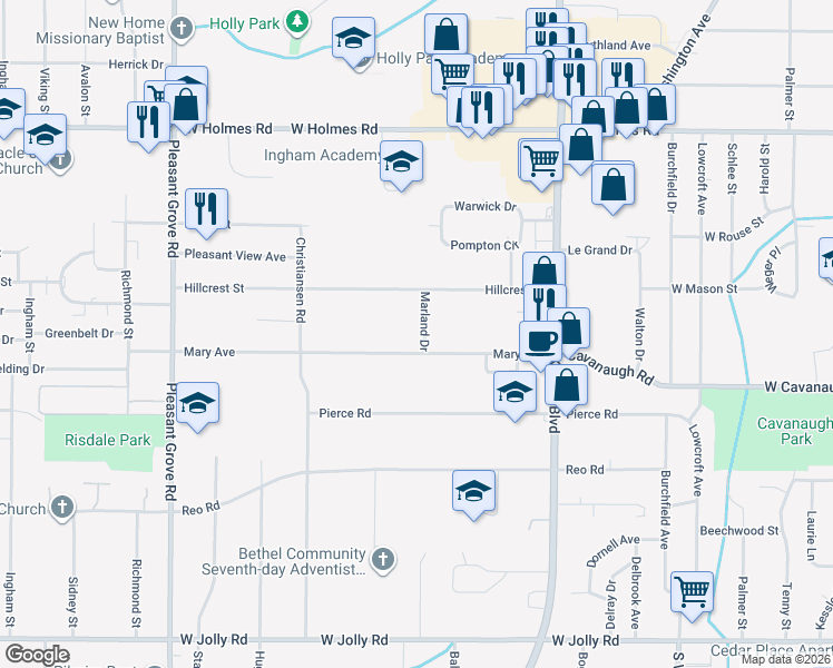 map of restaurants, bars, coffee shops, grocery stores, and more near 4108 Marland Drive in Lansing