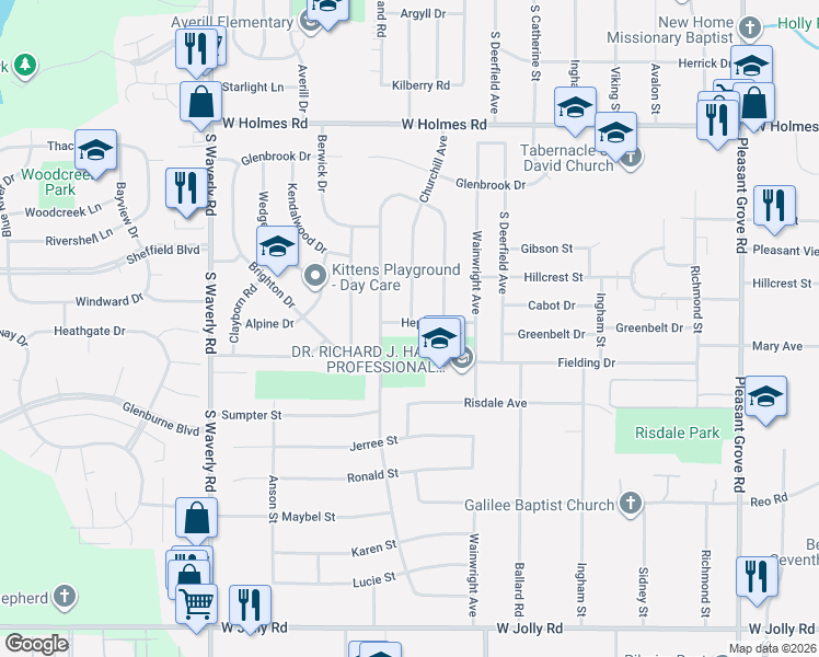map of restaurants, bars, coffee shops, grocery stores, and more near 3301 Hepfer Road in Lansing