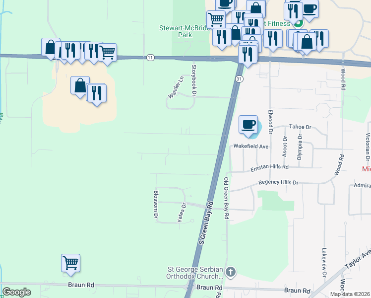 map of restaurants, bars, coffee shops, grocery stores, and more near 6418 South Drive in Mount Pleasant