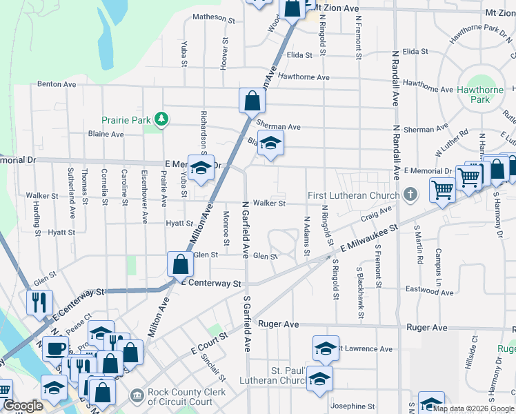 map of restaurants, bars, coffee shops, grocery stores, and more near 1020 Walker Street in Janesville