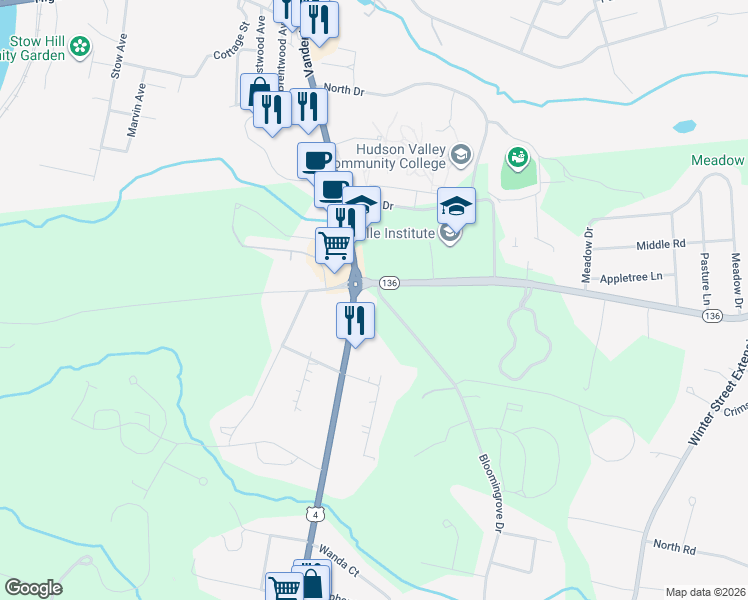 map of restaurants, bars, coffee shops, grocery stores, and more near 2 Bloomingrove Drive in Troy