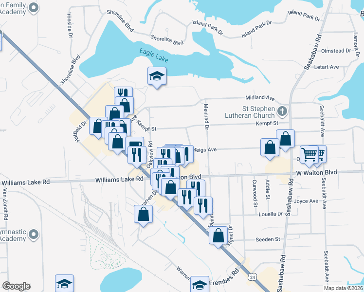 map of restaurants, bars, coffee shops, grocery stores, and more near 3645 Windmill Drive in Waterford Township