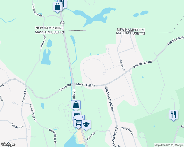 map of restaurants, bars, coffee shops, grocery stores, and more near 23 Old Pasture Road in Dracut