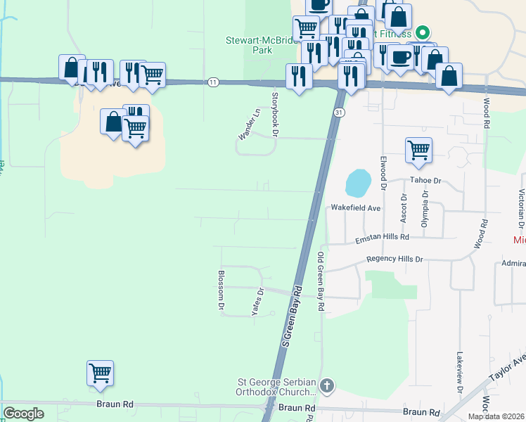 map of restaurants, bars, coffee shops, grocery stores, and more near 6418 South Drive in Mount Pleasant