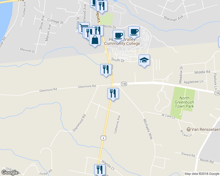 map of restaurants, bars, coffee shops, grocery stores, and more near 76 North Greenbush Road in Troy