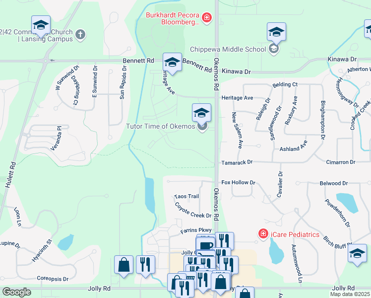 map of restaurants, bars, coffee shops, grocery stores, and more near 2300 Knob Hill Drive in Meridian charter Township