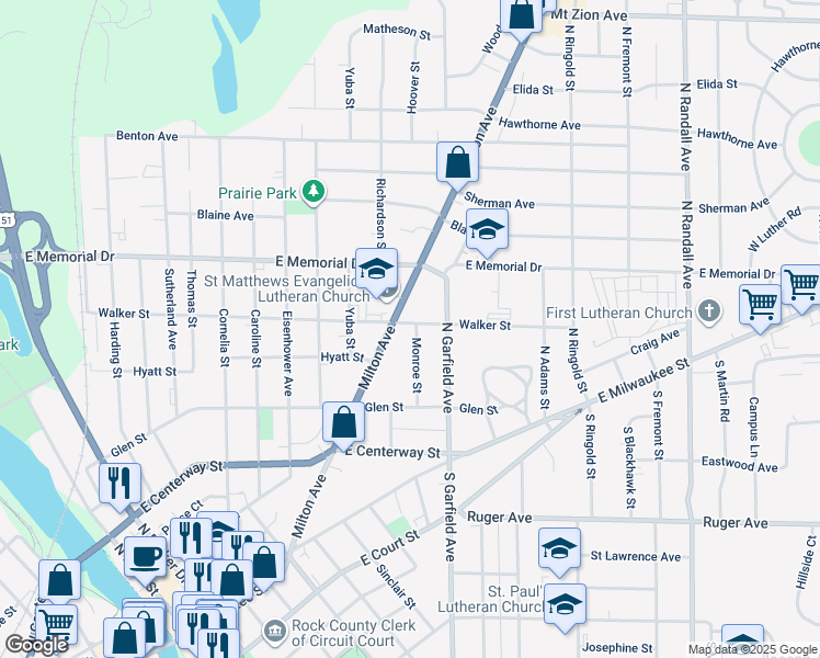 map of restaurants, bars, coffee shops, grocery stores, and more near 628 Milton Avenue in Janesville