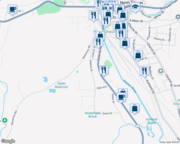 map of restaurants, bars, coffee shops, grocery stores, and more near 307 Walnut Street in North Adams