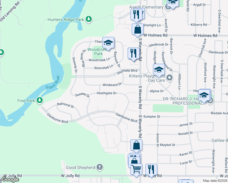 map of restaurants, bars, coffee shops, grocery stores, and more near 4053 Heathgate Drive in Lansing