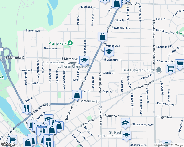 map of restaurants, bars, coffee shops, grocery stores, and more near 628 Milton Avenue in Janesville