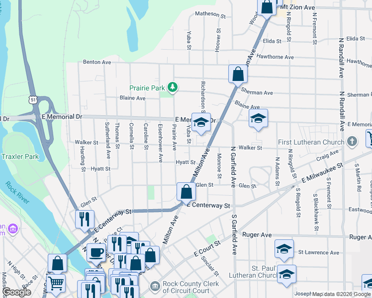 map of restaurants, bars, coffee shops, grocery stores, and more near 612 Yuba Street in Janesville