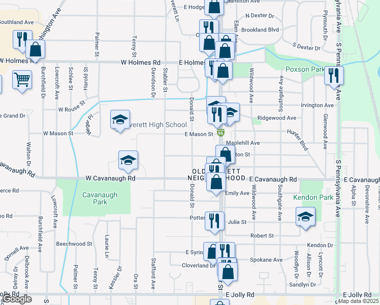 map of restaurants, bars, coffee shops, grocery stores, and more near 300 Fenton Street in Lansing