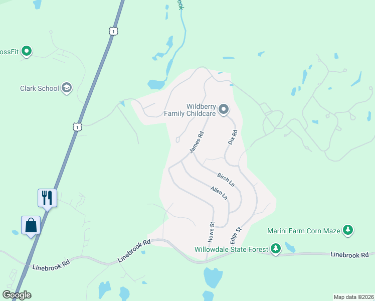 map of restaurants, bars, coffee shops, grocery stores, and more near 7 James Road in Ipswich