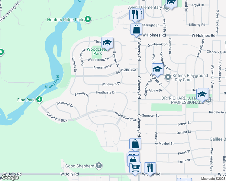 map of restaurants, bars, coffee shops, grocery stores, and more near 4053 Heathgate Drive in Lansing