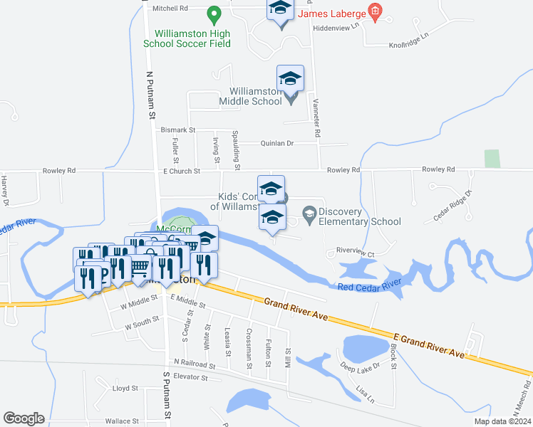 map of restaurants, bars, coffee shops, grocery stores, and more near 441 Highland Street in Williamston