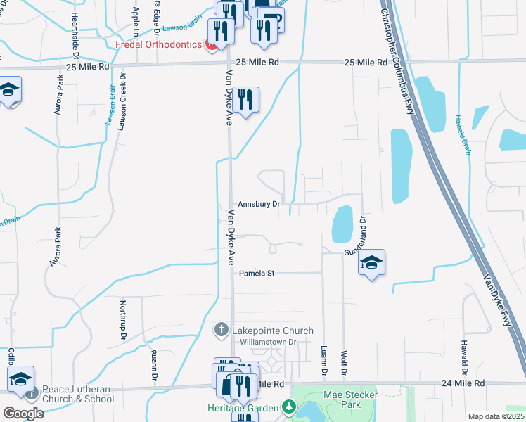 map of restaurants, bars, coffee shops, grocery stores, and more near 8190 Annsbury Drive in Shelby Township