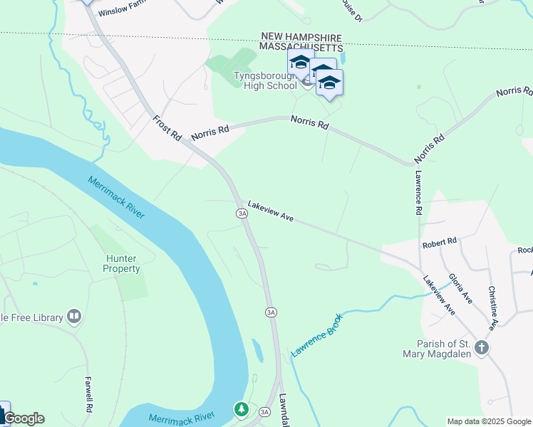 map of restaurants, bars, coffee shops, grocery stores, and more near 5 Lakeview Avenue in Tyngsborough