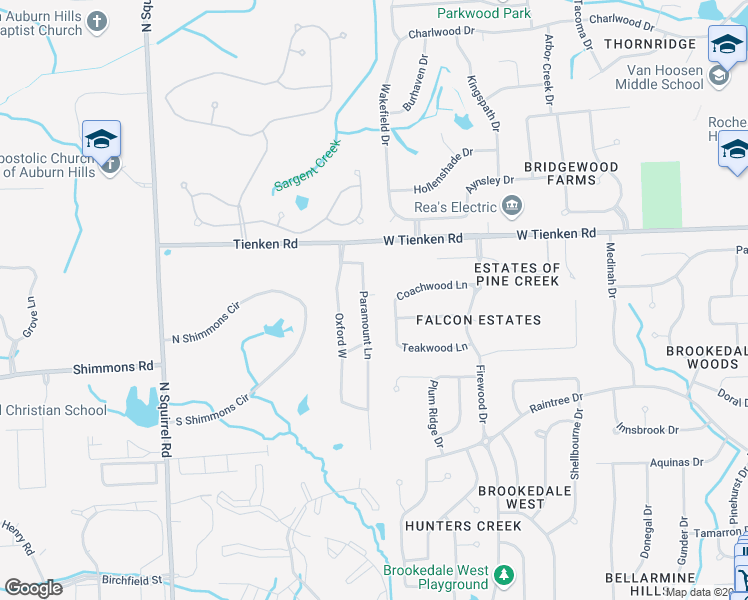 map of restaurants, bars, coffee shops, grocery stores, and more near 3358 Paramount Lane in Auburn Hills