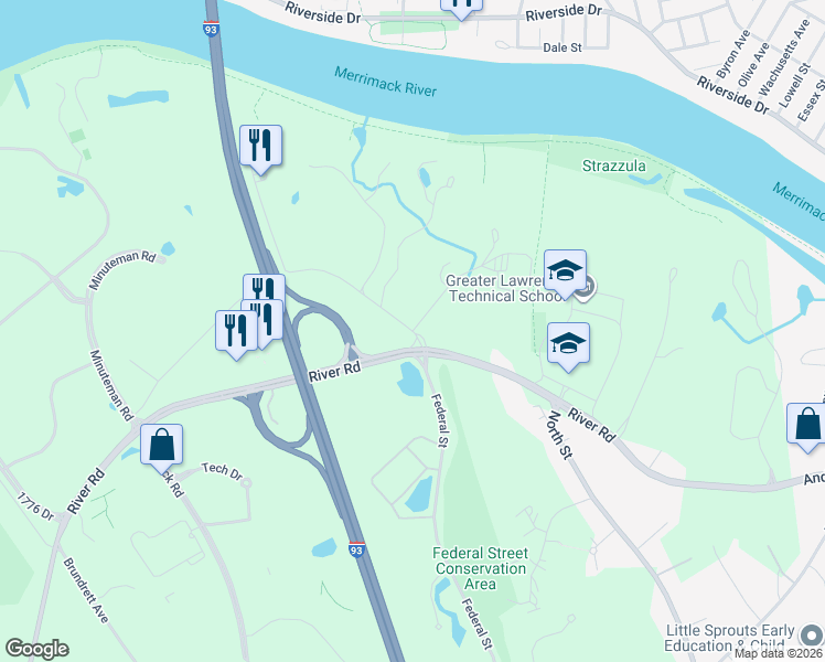 map of restaurants, bars, coffee shops, grocery stores, and more near 73 Old River Road in Andover