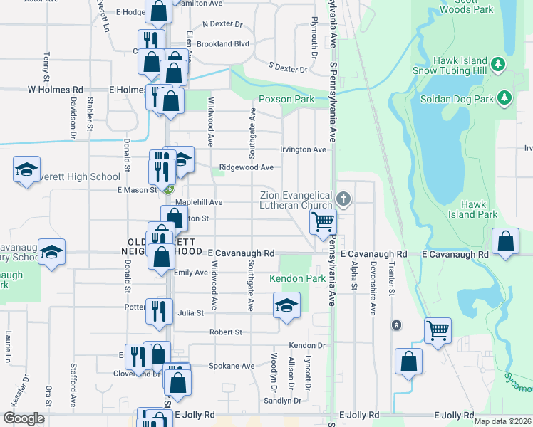 map of restaurants, bars, coffee shops, grocery stores, and more near 732 Fenton Street in Lansing