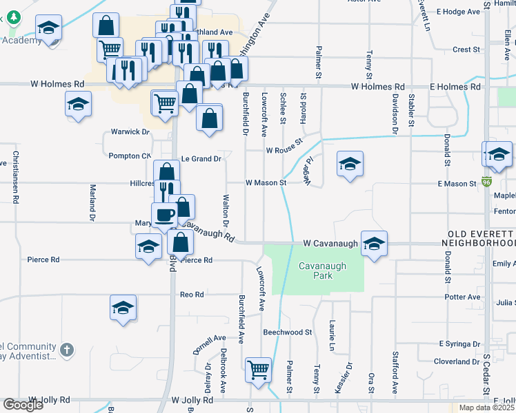 map of restaurants, bars, coffee shops, grocery stores, and more near 4100 Lowcroft Avenue in Lansing