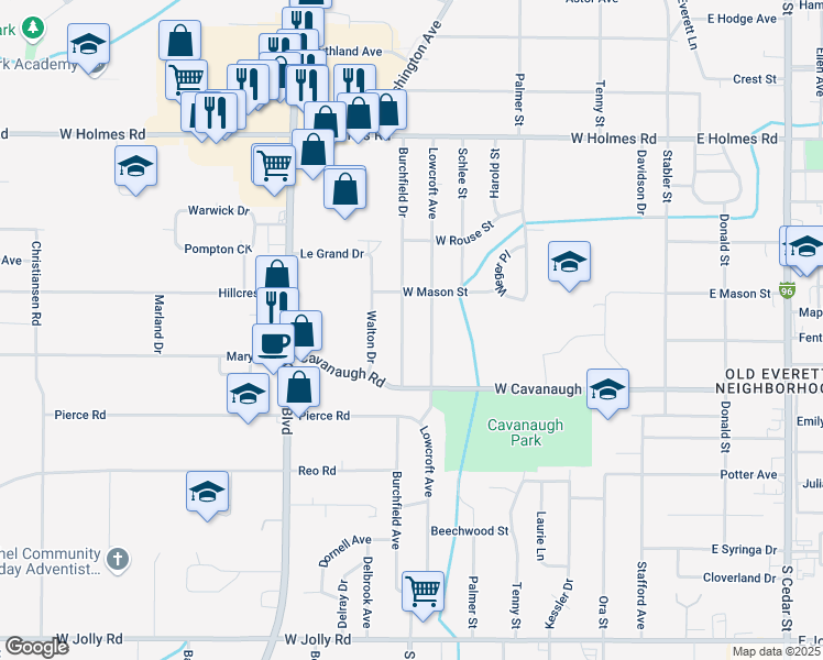 map of restaurants, bars, coffee shops, grocery stores, and more near 4100 Lowcroft Avenue in Lansing