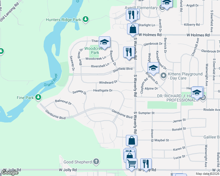 map of restaurants, bars, coffee shops, grocery stores, and more near 4053 Heathgate Drive in Lansing