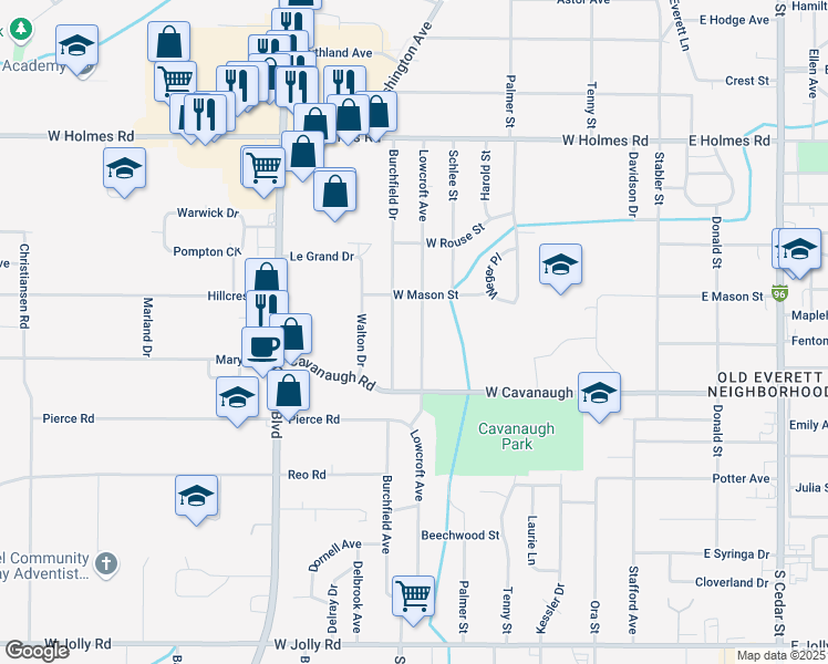 map of restaurants, bars, coffee shops, grocery stores, and more near 4100 Lowcroft Avenue in Lansing