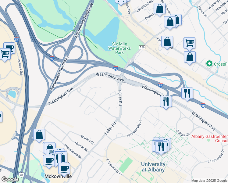 map of restaurants, bars, coffee shops, grocery stores, and more near 251 Fuller Road in Albany
