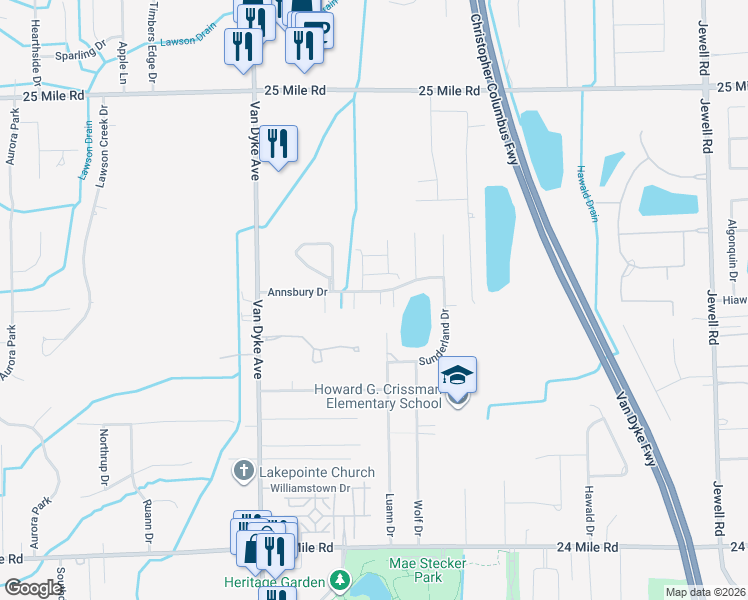 map of restaurants, bars, coffee shops, grocery stores, and more near 54123 Buccaneers Bay in Macomb County